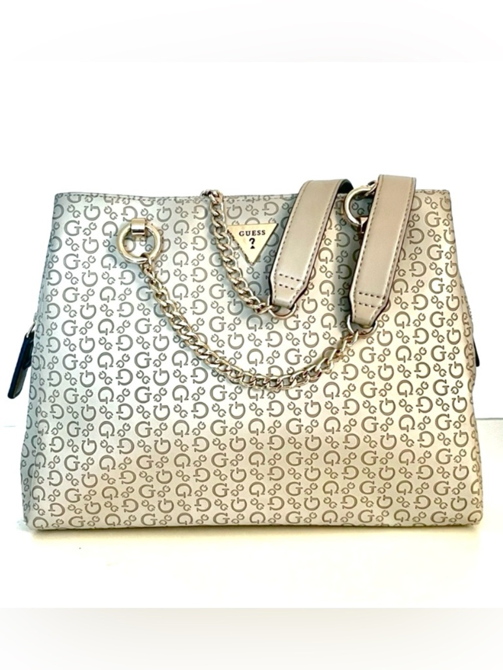 Guess Beige Logo Tote Bag Gold Chain Shoulder Straps